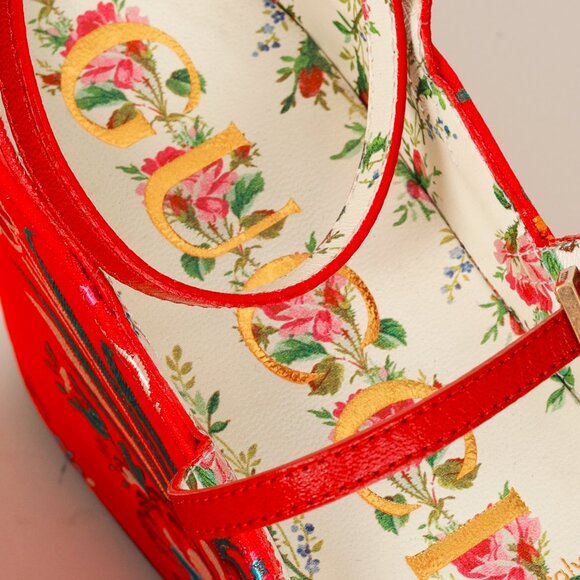 Gucci Hibiscus Red Malaga Kid Silk Hannelore Detachable Platform Slide - Picture 6 of 13